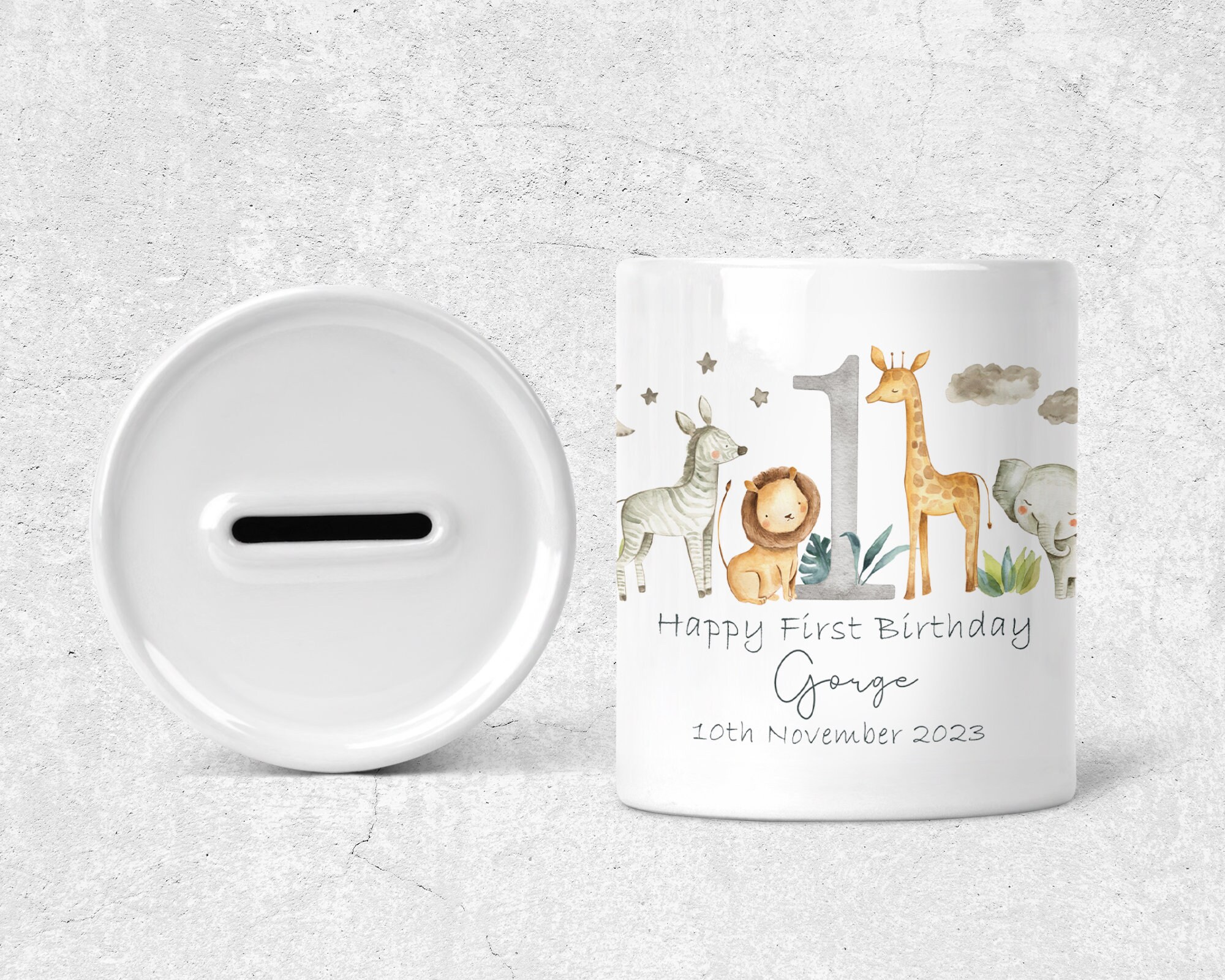 Personalized Money Box, Safari Ceramic Money Bank, First Birthday Baby ...