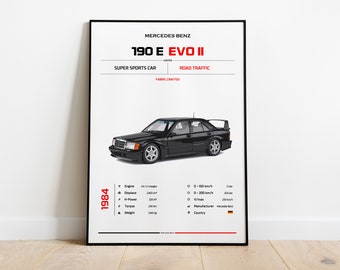 Mercedes Benz 190 E EVO II 1984, Mercedes Benz, sportwagen, superauto, kunst aan de muur, wanddecoratie, muurposter, autoposter, digitale kunst, poster