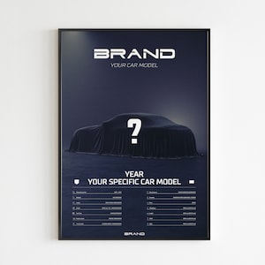 Könnte beinhalten: Gerahmtes Poster mit dunkelblauem Hintergrund mit dem Wort „BRAND“ und „YOUR CAR MODEL“ in Weiß. Eine Autosilhouette ist mit einem dunklen Tuch bedeckt, mit einem großen Fragezeichen. Das Poster enthält einen Abschnitt für das Jahr und das spezifische Automodell.