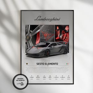 May include: A poster featuring a gray Lamborghini Sesto Elemento with red accents. The poster includes the Lamborghini logo and the text "Sesto Elemento".
