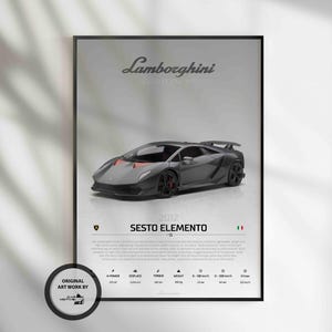 May include: A black and grey Lamborghini Sesto Elemento poster with a white background. The poster features a detailed illustration of the car and includes the car's name, year, and specifications.