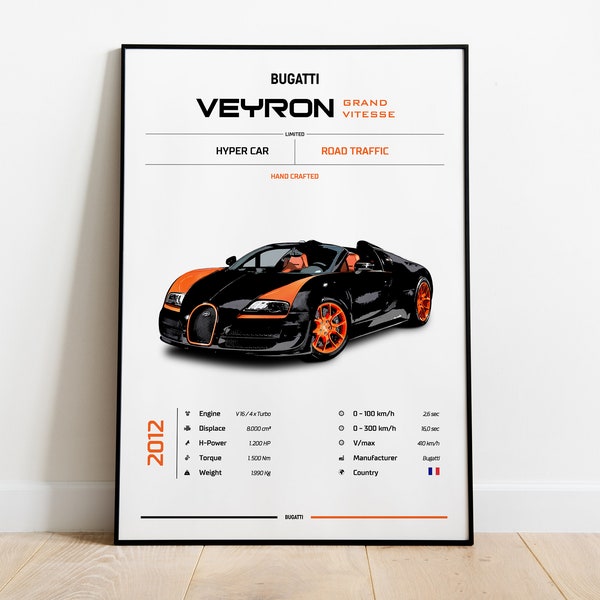 Bugatti Veyron Grand Vitesse 2012, Car Poster, Super Car, Sportscar, Wall Art, Wall Decor, Wall Poster, Car Poster, Digital Art, Poster