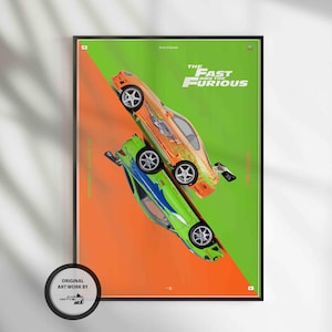 Fast & Furious Poster, Toyota Supra MK 4, MITsubishi Eclipse GS, Auto Poster, Sportwagen, Wandkunst, Wanddeko, Wandposter, Druck Poster