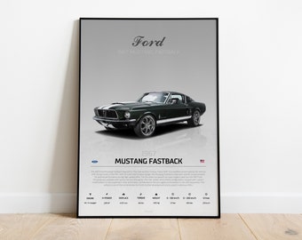 Ford Mustang Fastback 1967, Fast & Furious, Car Poster, Super Car, Sportscar, Wall Art, Wall Decor, Wall Poster, Digital Art, Print Poster