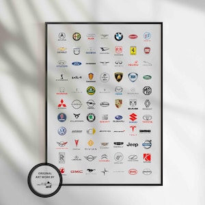 Póster del alfabeto de marcas de automóviles, marcas de automóviles de todo el mundo, arte de pared impreso para todos los amantes de los automóviles, marcas de automóviles, Porsche, Nissan, Audi, etc.