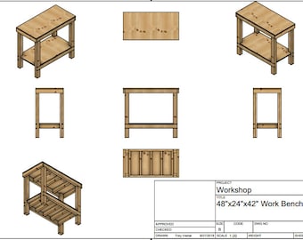 May include: A technical drawing of a 48" x 24" x 42" work bench. The drawing shows the bench from different angles, including a top view, side view, and front view. The bench has two shelves and is made of wood.