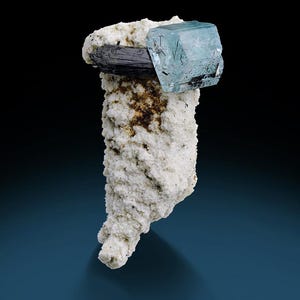 Puede incluir: Un espécimen mineral natural con un cristal de aguamarina azul claro y un cristal de turmalina oscuro sobre una matriz blanca. El cristal de aguamarina tiene forma geométrica y es translúcido. La matriz tiene una apariencia rugosa y texturizada.
