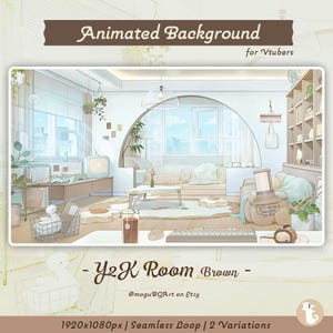 May include: An animated Y2K room background for VTubers. The illustration features a light-filled bedroom with a bed, desk, and a window. The color palette is soft, with brown and beige tones. The text on the image says "Animated Background for Vtubers" and "Y2K Room Brown".