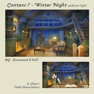 May include: An interior illustration of a cozy room with a winter night theme. The room features a fireplace, bookshelves, and a small table with a lamp. The scene is illuminated by warm, ambient light, creating a relaxing atmosphere. The text "Contens 7 - Winter Night ambient-light" is at the top.