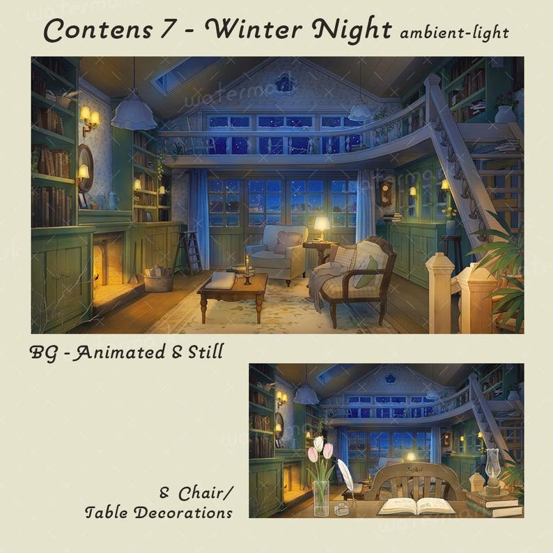 May include: An interior illustration of a cozy room with a winter night theme. The room features a fireplace, bookshelves, and a small table with a lamp. The scene is illuminated by warm, ambient light, creating a relaxing atmosphere. The text "Contens 7 - Winter Night ambient-light" is at the top.