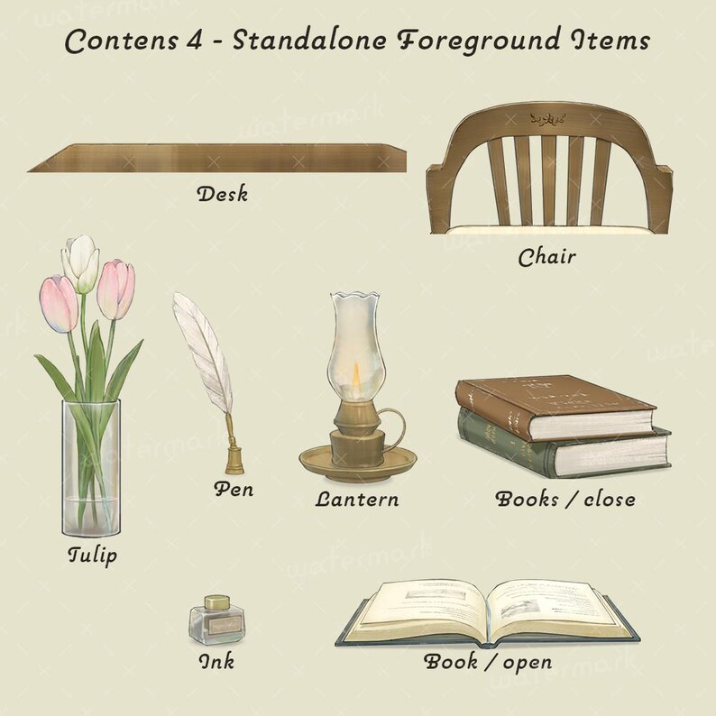 May include: An illustration of various standalone foreground items. A desk, chair, tulips in a vase, a pen, a lantern, books, ink, and an open book are depicted. The text "Contens 4 - Standalone Foreground Items" is at the top.