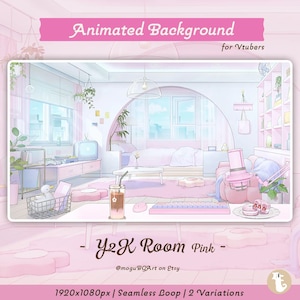 May include: An animated background for VTubers, featuring a Y2K-themed pink room. The illustration includes a bed, desk, and window, with the text "Animated Background" and "Y2K Room Pink". The image is 1920x1080px and offers 2 variations.