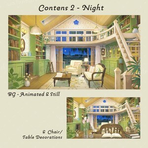 May include: An illustrated interior scene of a cozy library at night. The room features green bookshelves, a fireplace, and a small table with a book. The text "Contens 2 - Night" and "BG - Animated & Still" are visible.