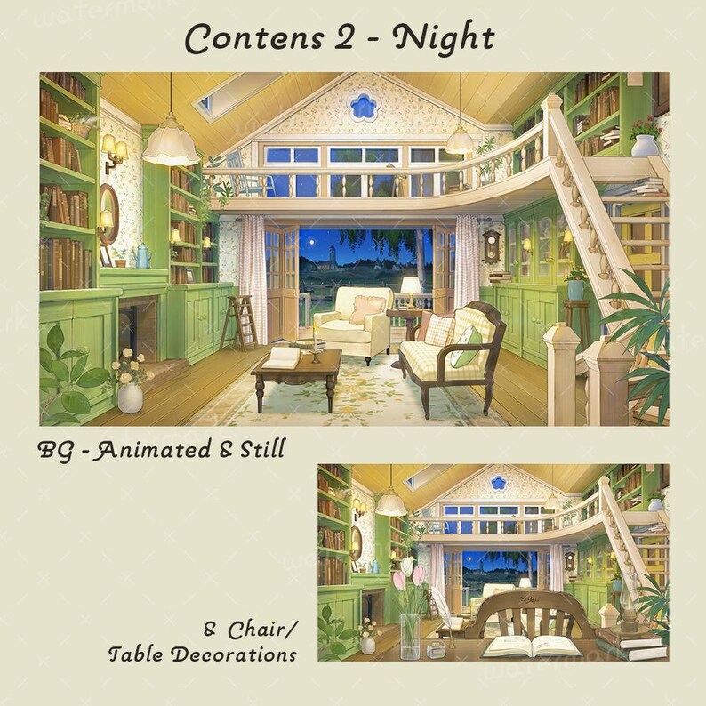 May include: An illustrated interior scene of a cozy library at night. The room features green bookshelves, a fireplace, and a small table with a book. The text "Contens 2 - Night" and "BG - Animated & Still" are visible.