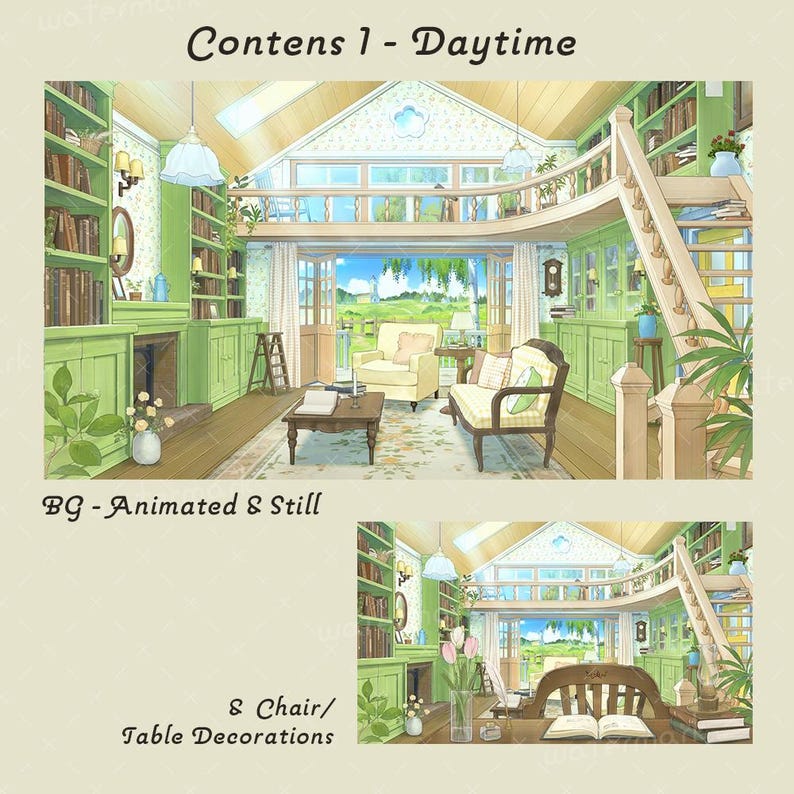 May include: An illustration of a bright, airy interior with green bookshelves, a fireplace, and a staircase leading to a second level. The room has large windows overlooking a sunny landscape. The text "Contens 1 - Daytime" and "BG - Animated & Still" are visible.