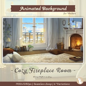 Peut inclure: Illustration numérique d'une pièce chaleureuse avec une cheminée et une grande fenêtre donnant sur un paysage urbain. La pièce comprend une cheminée, un tapis et une fenêtre avec des rideaux blancs. Le texte "Animated Background for Vtubers" et "Cozy Fireplace Room" sont visibles.