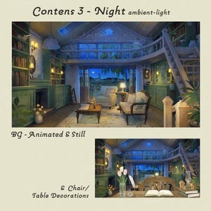 May include: An interior scene with a cozy, ambient-light setting. The image features a library with bookshelves, a fireplace, and a small table. The text "Contens 3 - Night ambient-light" and "BG - Animated & Still" are visible. The scene includes a chair and table decorations.