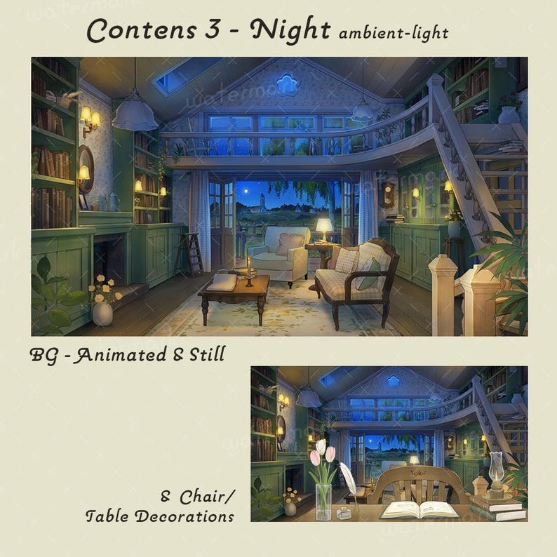 May include: An interior scene with a cozy, ambient-light setting. The image features a library with bookshelves, a fireplace, and a small table. The text "Contens 3 - Night ambient-light" and "BG - Animated & Still" are visible. The scene includes a chair and table decorations.