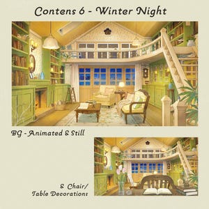 May include: An illustration of a cozy interior scene, featuring a library with bookshelves, a fireplace, and a staircase. The text "Contens 6 - Winter Night" and "BG - Animated & Still" are visible. The scene includes a chair and table decorations.