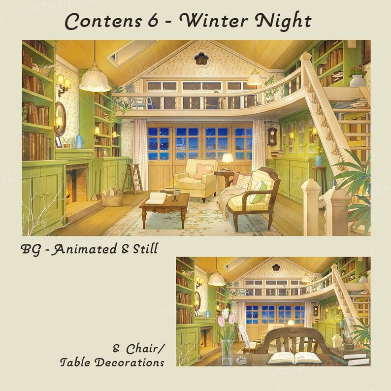 May include: An illustration of a cozy interior scene, featuring a library with bookshelves, a fireplace, and a staircase. The text "Contens 6 - Winter Night" and "BG - Animated & Still" are visible. The scene includes a chair and table decorations.