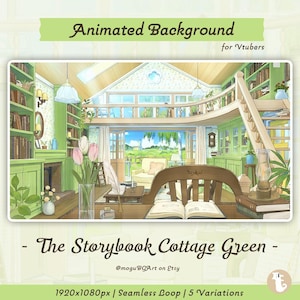 以下が含まれることがあります： Vtubers向けの、緑色の絵本風コテージのインテリアのアニメーション背景。本棚、机、屋外の景色が描かれた詳細な部屋の画像です。「Animated Background」と「The Storybook Cottage Green」のテキストが含まれています。