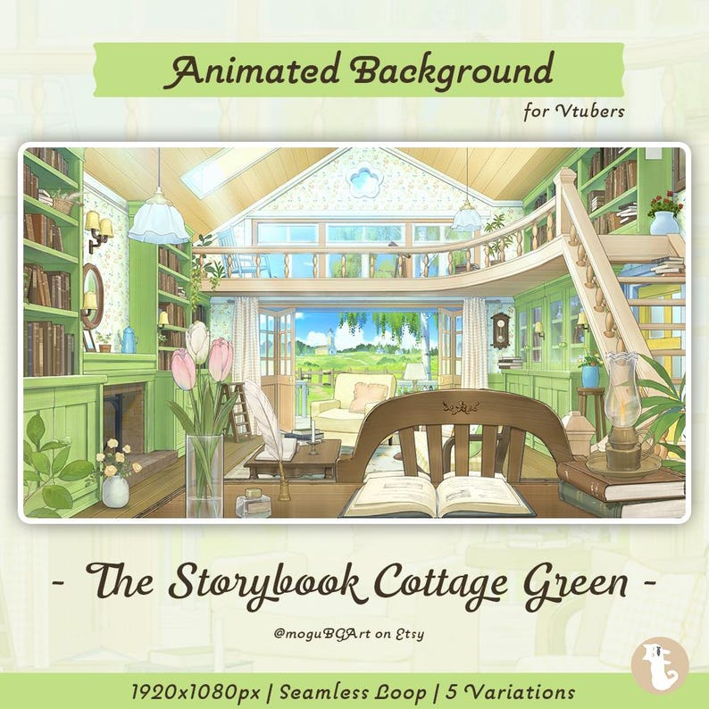 May include: An animated background for Vtubers, featuring a cozy green storybook cottage interior. The image showcases a detailed room with bookshelves, a desk, and a view of the outdoors. Text includes "Animated Background" and "The Storybook Cottage Green".