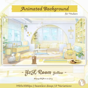 Peut inclure: Un arrière-plan animé de chambre Y2K pour Vtubers, avec un thème jaune. L'image présente une scène de salon avec un canapé, une table basse et une fenêtre. Le texte sur l'image indique "Animated Background" et "Y2K Room yellow".