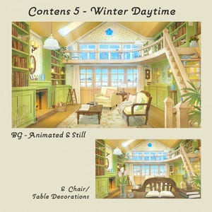 May include: An illustration of a cozy, two-story interior scene with a winter daytime view. The room features a fireplace, bookshelves, and a loft area. The text "Contens 5 - Winter Daytime", "BG - Animated & Still", and "& Chair/ Table Decorations" is visible.