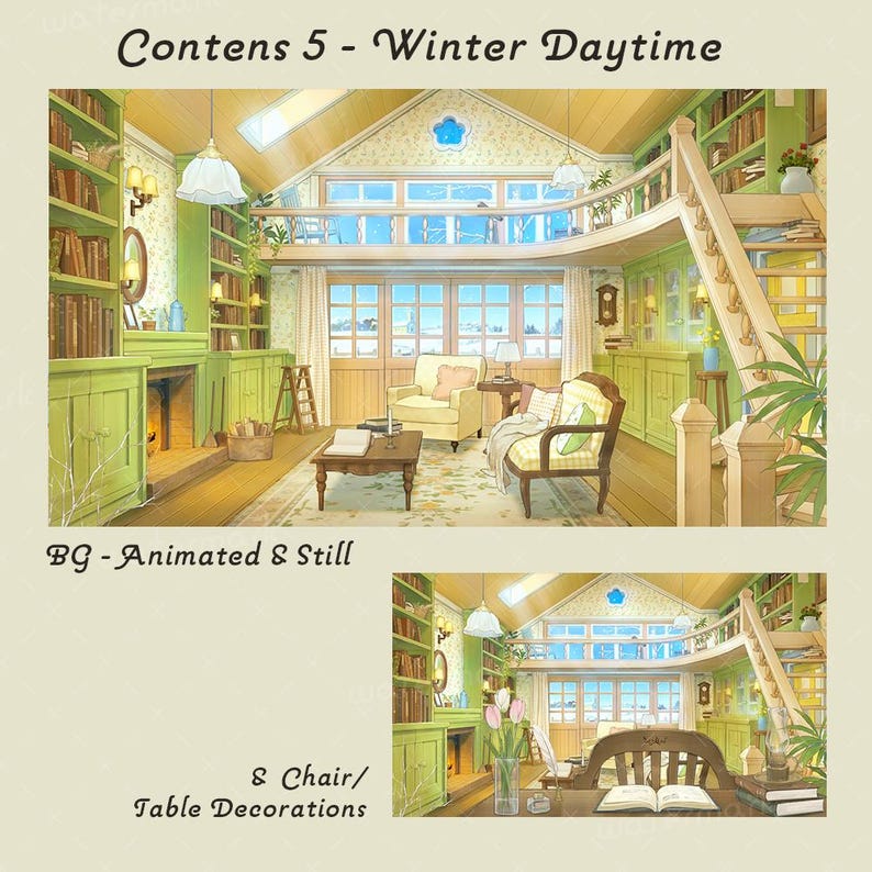 May include: An illustration of a cozy, two-story interior scene with a winter daytime view. The room features a fireplace, bookshelves, and a loft area. The text "Contens 5 - Winter Daytime", "BG - Animated & Still", and "& Chair/ Table Decorations" is visible.