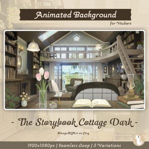 Peut inclure: Un arrière-plan animé pour Vtubers, représentant un intérieur de cottage de conte de fées sombre. L'image montre des bibliothèques, un bureau avec un livre ouvert, un vase de fleurs et une vue sur l'extérieur. Le texte indique "Animated Background" et "The Storybook Cottage Dark".