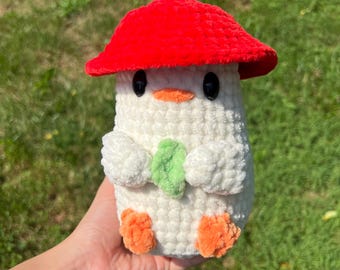 Handmade Crochet Duck Plushie: Mushroom Hat, Chenille Yarn