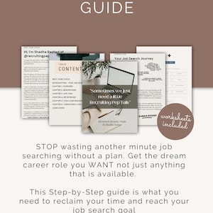 May include: An image promoting a job search strategy guide. The text "THE ULTIMATE JOB SEARCH STRATEGY GUIDE" is displayed in white on a brown background. Several pages of the guide are shown, with the text "worksheets included" also visible.