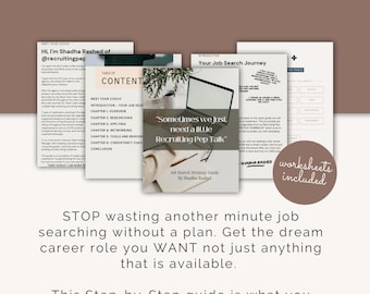 May include: A promotional image for a job search strategy guide. The image features the text "THE ULTIMATE JOB SEARCH STRATEGY GUIDE" in white on a brown background. Several pages of the guide are displayed, along with the text "worksheets included."