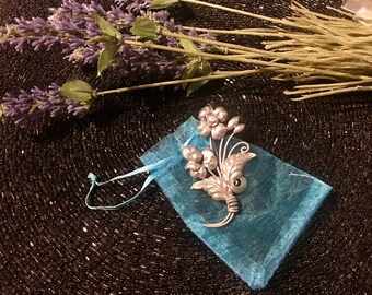 Épingle florale vintage en argent sterling - Broche fleurs, feuilles et tige complexes