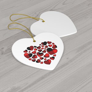 Red heart ornament, Red Buffalo print, Ceramic Ornament, 4 Shapes