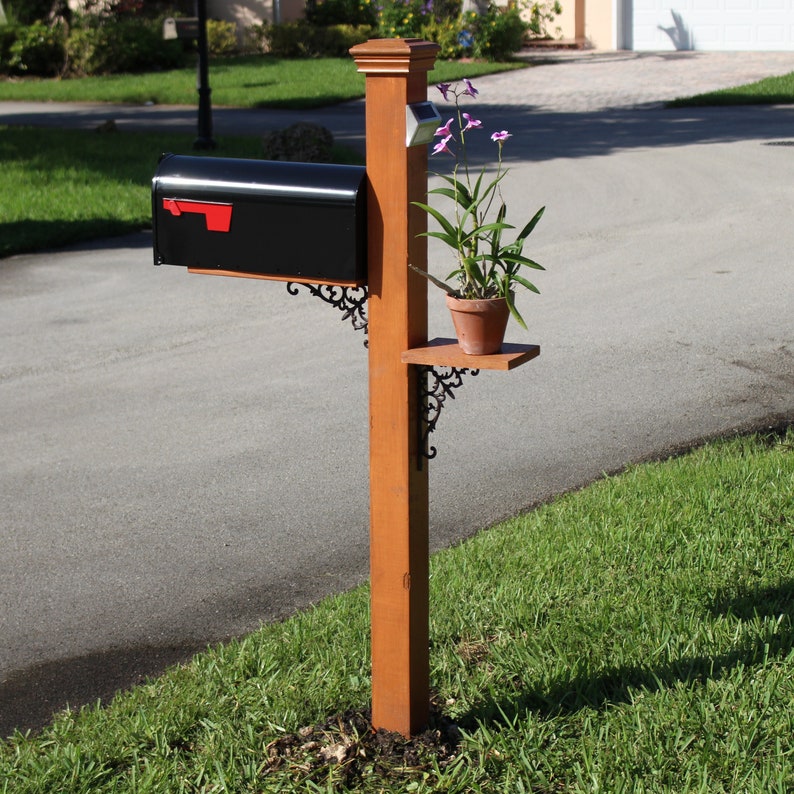 Wood Mailbox Post Stained With Decorative Shelf and Light Etsy