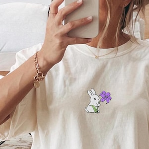Bunny and Flower Embroidered Comfort Colors® T-Shirt – Cute Soft Aesthetic Naturecore Tee