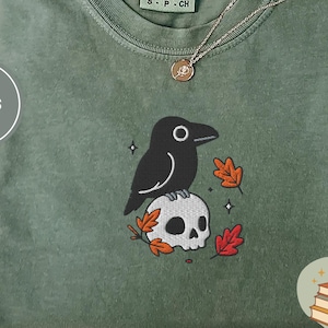 Crow and Skull Tee, Embroidered Raven T-Shirt, Halloween Comfort Colors 1717, Spooky Fall Shirt, Gothic Bird Tee, Boo Basket Gift