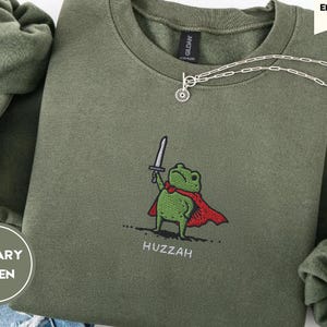 Huzzah Frog Sweatshirt, Embroidered Gildan 18000, Funny DnD Pullover, Renaissance Faire Frog Crewneck, Medieval Fantasy Gamer Gift