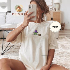 Witchy Frog Broomstick Tee, Embroidered Halloween Shirt, Cute Whimsical Frog T-Shirt, Comfort Colors 1717, Boo Basket Gift, Fall Tee