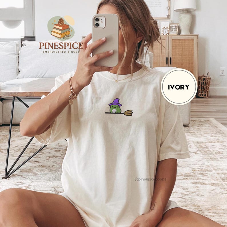 Witchy Frog Broomstick Tee, Embroidered Halloween Shirt, Cute Whimsical Frog T-Shirt, Comfort Colors 1717, Boo Basket Gift, Fall Tee