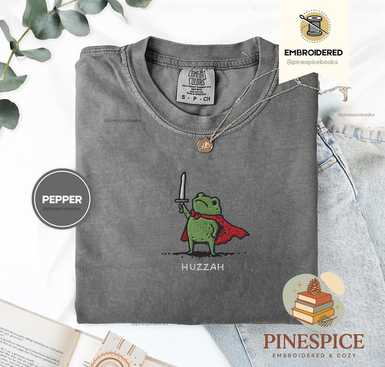 Huzzah Frog with Sword Tee, Embroidered Medieval Frog Shirt, Comfort Colors 1717, Funny DnD T-Shirt, Renaissance Faire Frog Gift