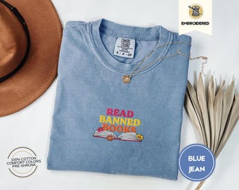 embroidered read banned books crow comfort colors tshirt, cozy reader tshirt, Librarian English Teacher Gift, 70s retro Bookish Book Lover