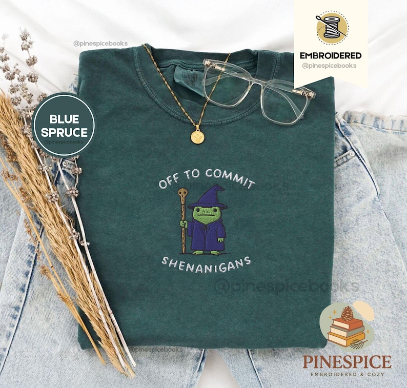 Off to Commit Shenanigans Wizard Frog Funny DnD Tee, Embroidered Comfort Colors 1717, Ren Faire Fantasy Gift