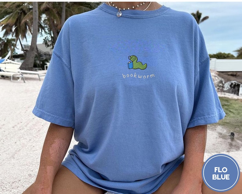 Bookworm Embroidered Tee – Cute Comfort Colors Shirt for Book Lovers, Bookish Gifts