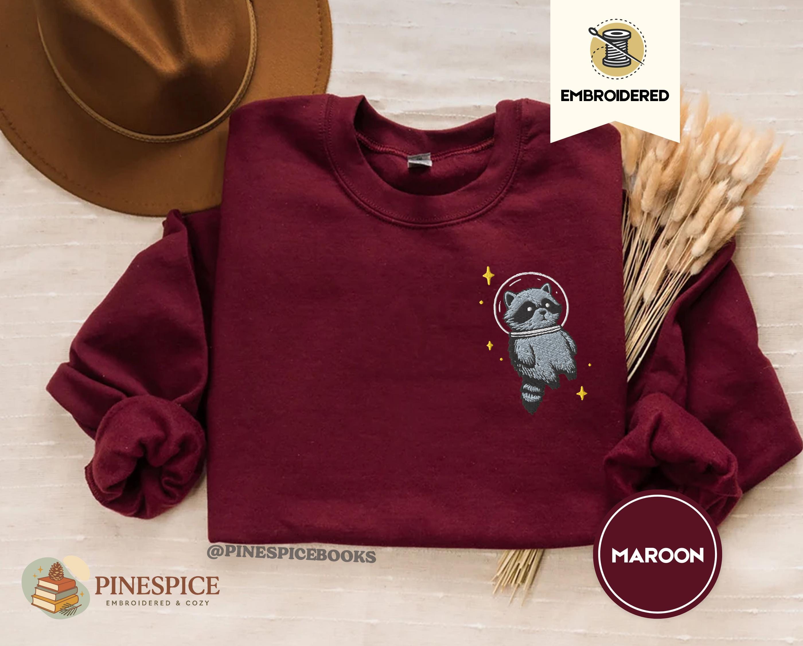 Space Raccoon Sweatshirt, Cute Raccoon Embroidered Crewneck