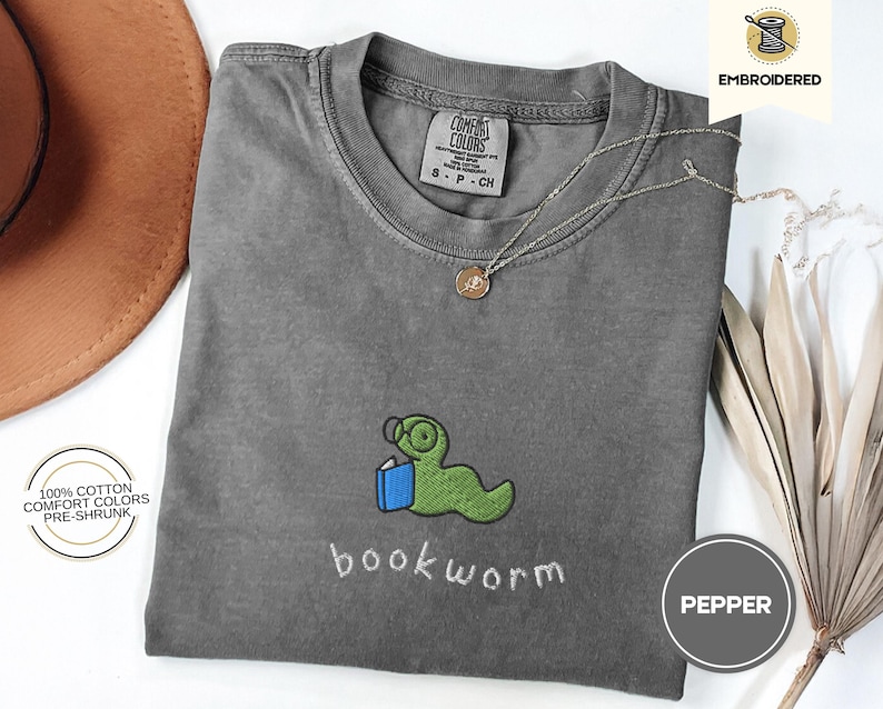 Bookworm Embroidered Tee – Cute Comfort Colors Shirt for Book Lovers, Bookish Gifts