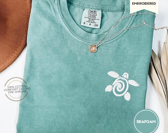 Turtle Embroidered Comfort Colors Beach Tee, Summer Tshirt for Surfing and Hawaii, Vacation Tropical Sea Turtle Ocean Animal Tee Hippie Cute