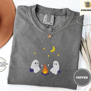 Cute Ghosts Camping Embroidered Comfort Colors Tee, Spooky Season Outdoors Gifts, Halloween Vintage Embroidery Tshirt