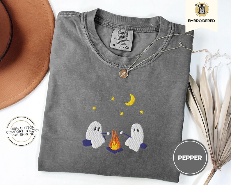 Cute Ghosts Camping Embroidered Comfort Colors Tee, Spooky Season Outdoors Gifts, Halloween Vintage Embroidery Tshirt